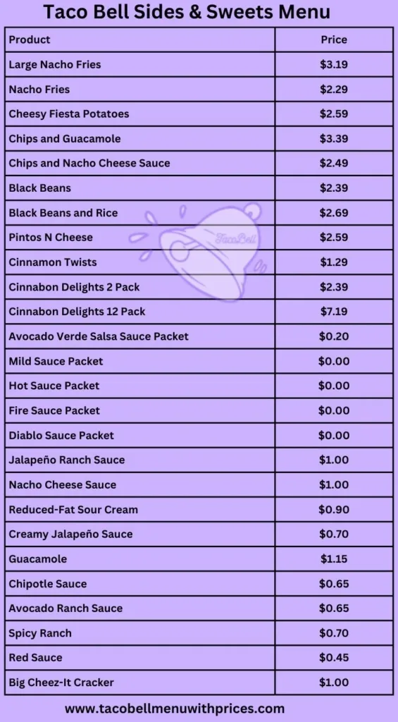 Taco Sides & Sweets Menu with Prices and calories Details